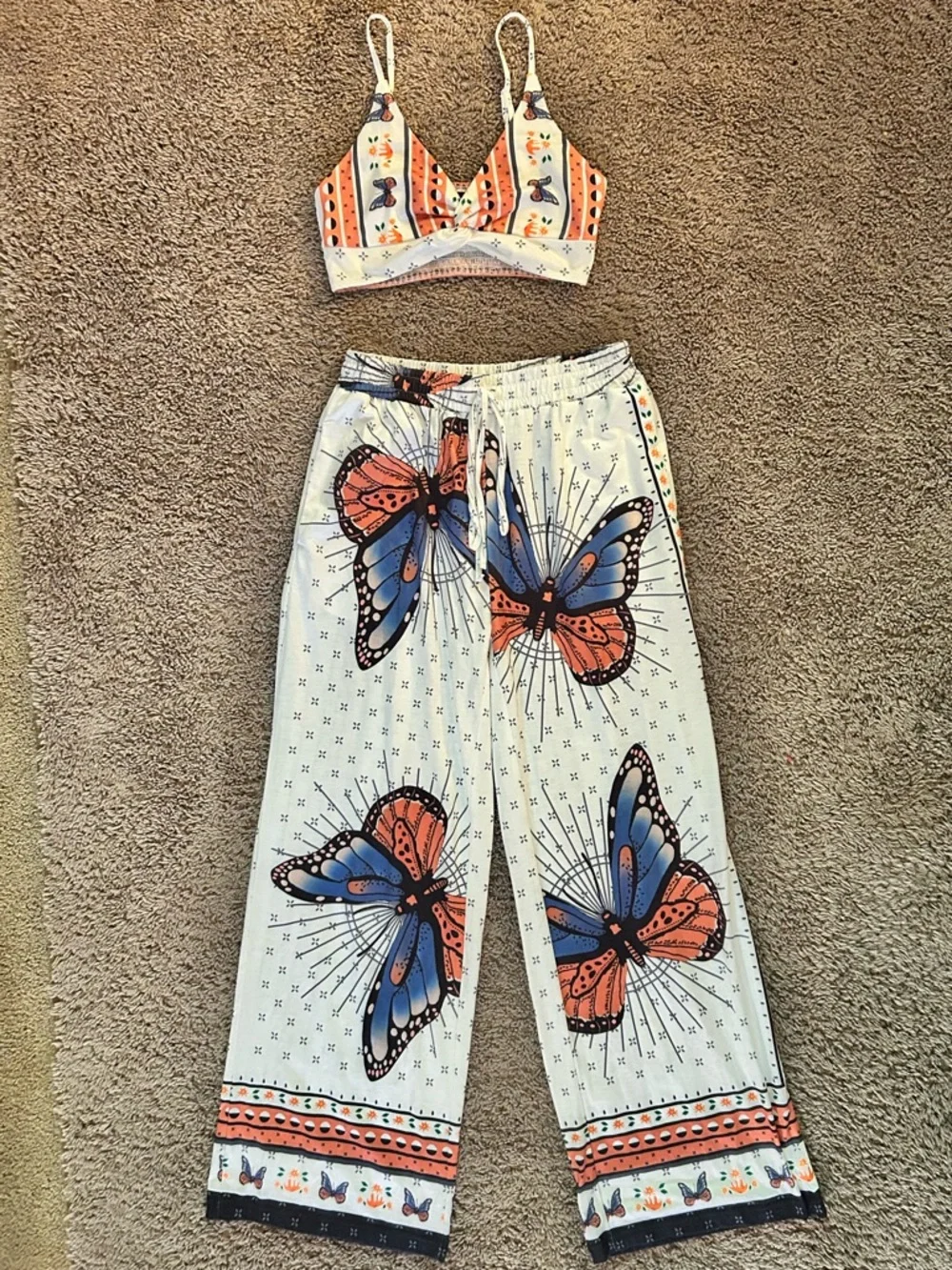 2-pc Butterfly-Print Wide-Leg Top and Pants — White with Orange & Blue - Picture 1 of 16